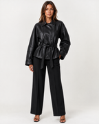 Women's belted collared leather jacket with zip pockets