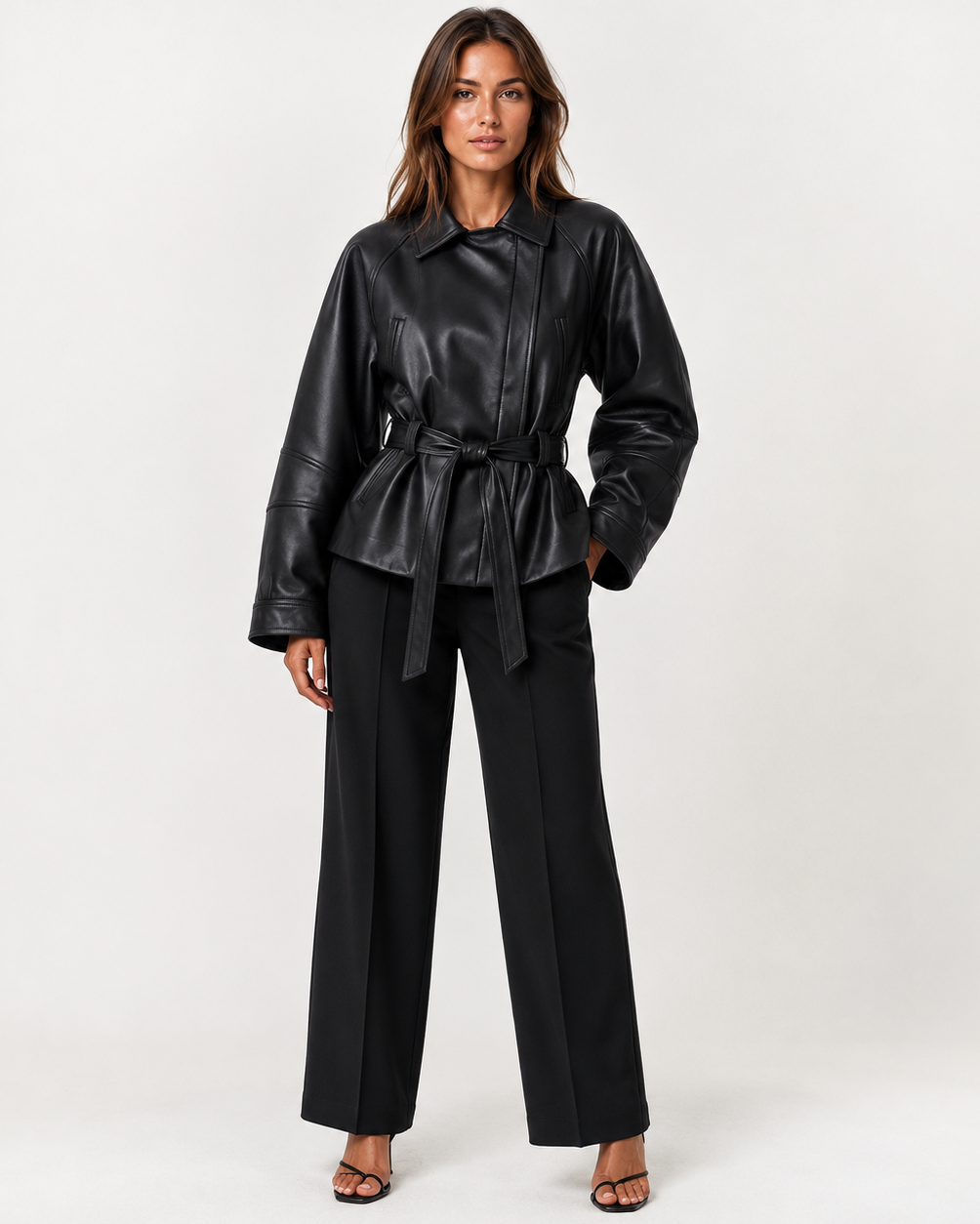 Women's belted collared leather jacket with zip pockets