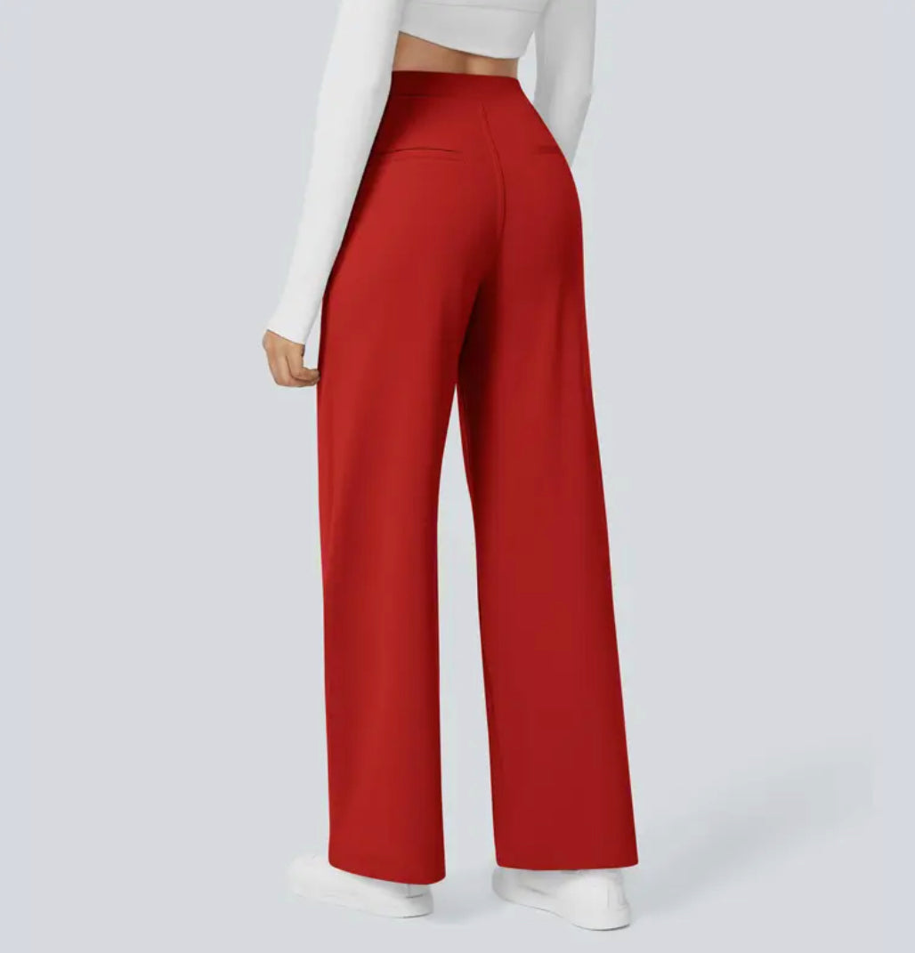 Women's high-waisted wide-leg trousers shown in multiple colours