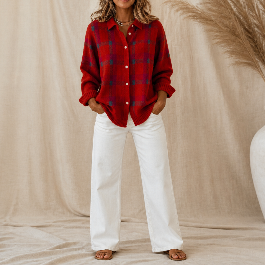 Women's plaid shirt-collar cardigan with long sleeves and button front