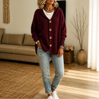 Women's hooded waffle-knit cardigan with button front and side pockets
