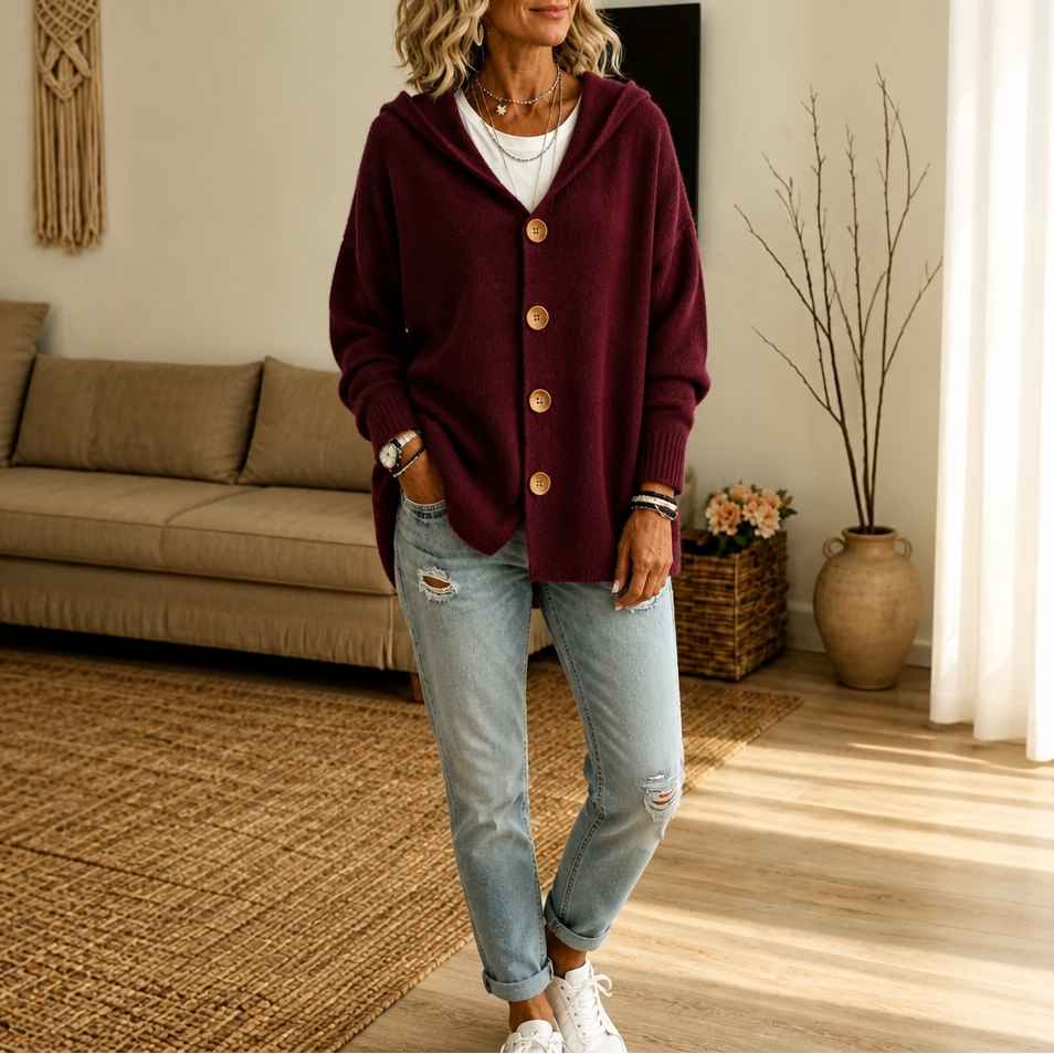 Women's hooded waffle-knit cardigan with button front and side pockets