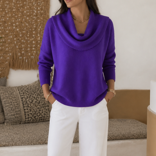 Women's cowl neck knit sweater with long sleeves and ribbed hem