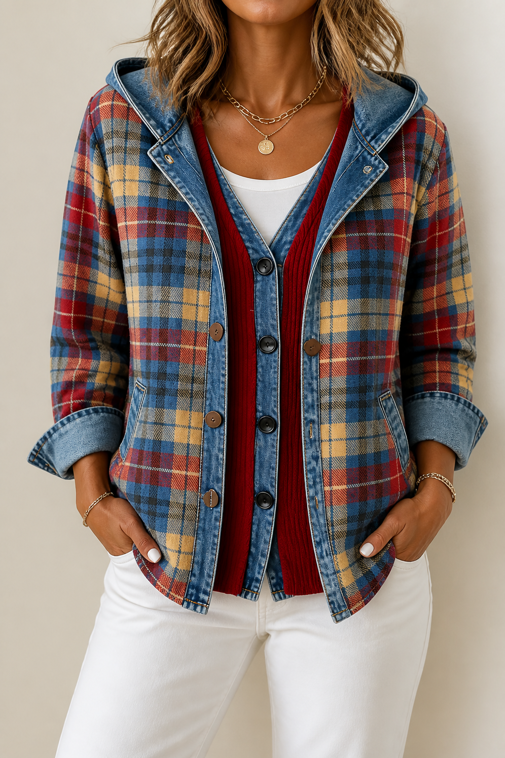 Women's checked plaid hooded cardigan with denim-look trim and button front