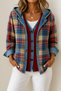 Women's checked plaid hooded cardigan with denim-look trim and button front