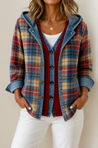 Women's checked plaid hooded cardigan with denim-look trim and button front