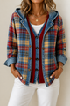 Women's checked plaid hooded cardigan with denim-look trim and button front