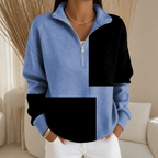 Women's blue and black colourblock half-zip sweatshirt with stand collar and long sleeves
