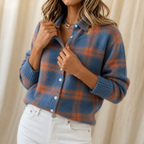 Women's plaid shirt-collar cardigan with long sleeves and button front