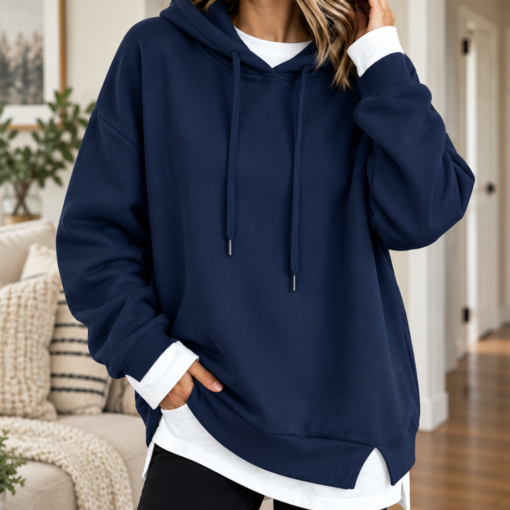 Women's layered two-tone hem hoodie with drawstring hood and long sleeves