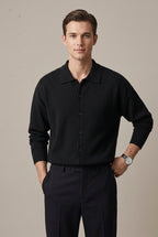 Men's oversized knitted cardigan with spread collar and button front