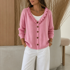 Women's ruffle-trimmed button cardigan with long sleeves