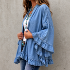 Women's blue open-front cardigan with flared sleeves and ruffle trims