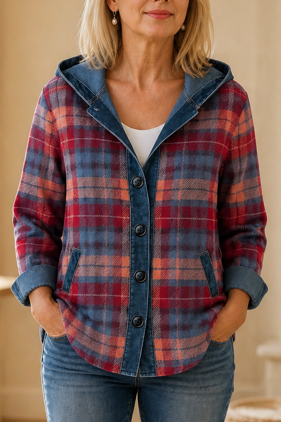 Women's hooded patchwork cardigan with contrast panels and button front