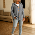 Women's hooded waffle-knit cardigan with button front and side pockets