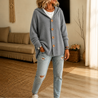 Women's hooded waffle-knit cardigan with button front and side pockets