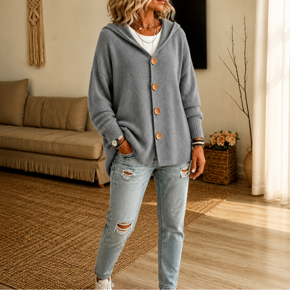 Women's hooded waffle-knit cardigan with button front and side pockets