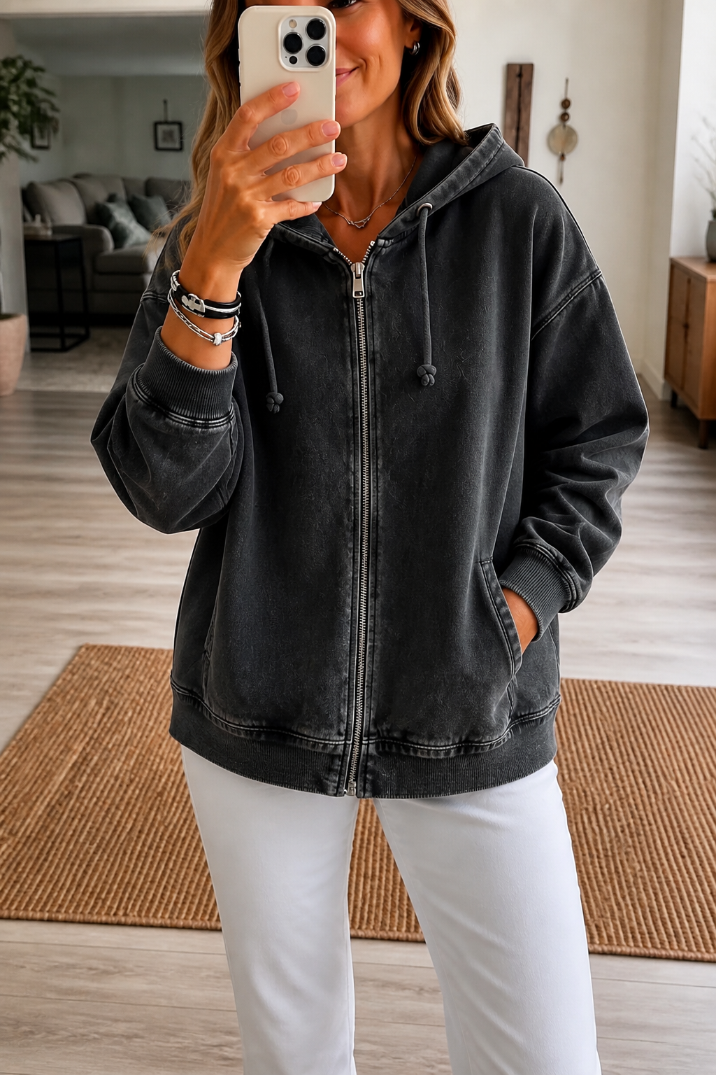 Women's relaxed washed zip-up hoodie with drawstring hood and front pockets
