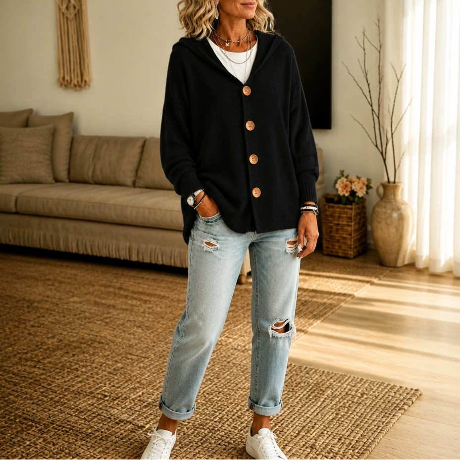 Women's hooded waffle-knit cardigan with button front and side pockets