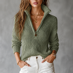 Women's textured knit half-zip sweater with raised collar