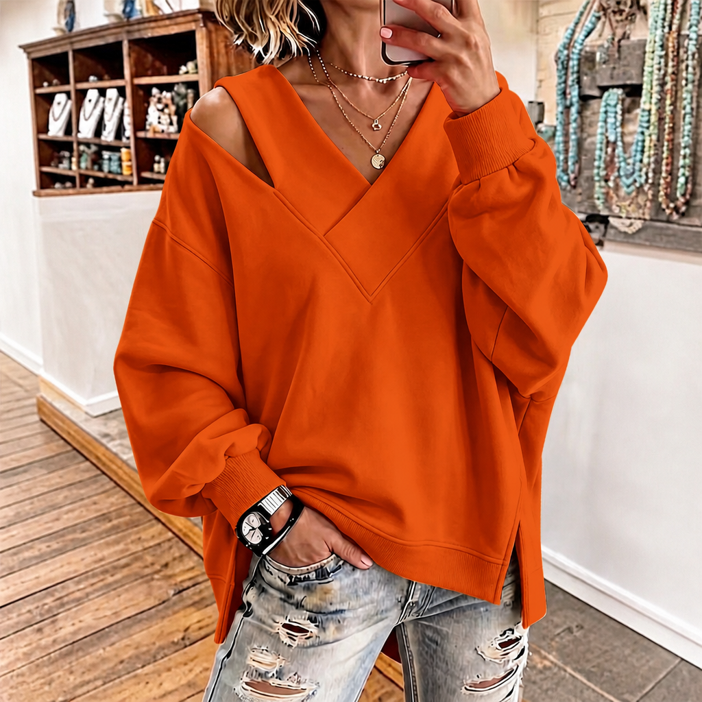 Women's oversized sweatshirt with asymmetric cutout shoulder, overlapping V-neckline and long sleeves