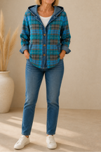 Women's checked plaid hooded cardigan with denim-look trim and button front