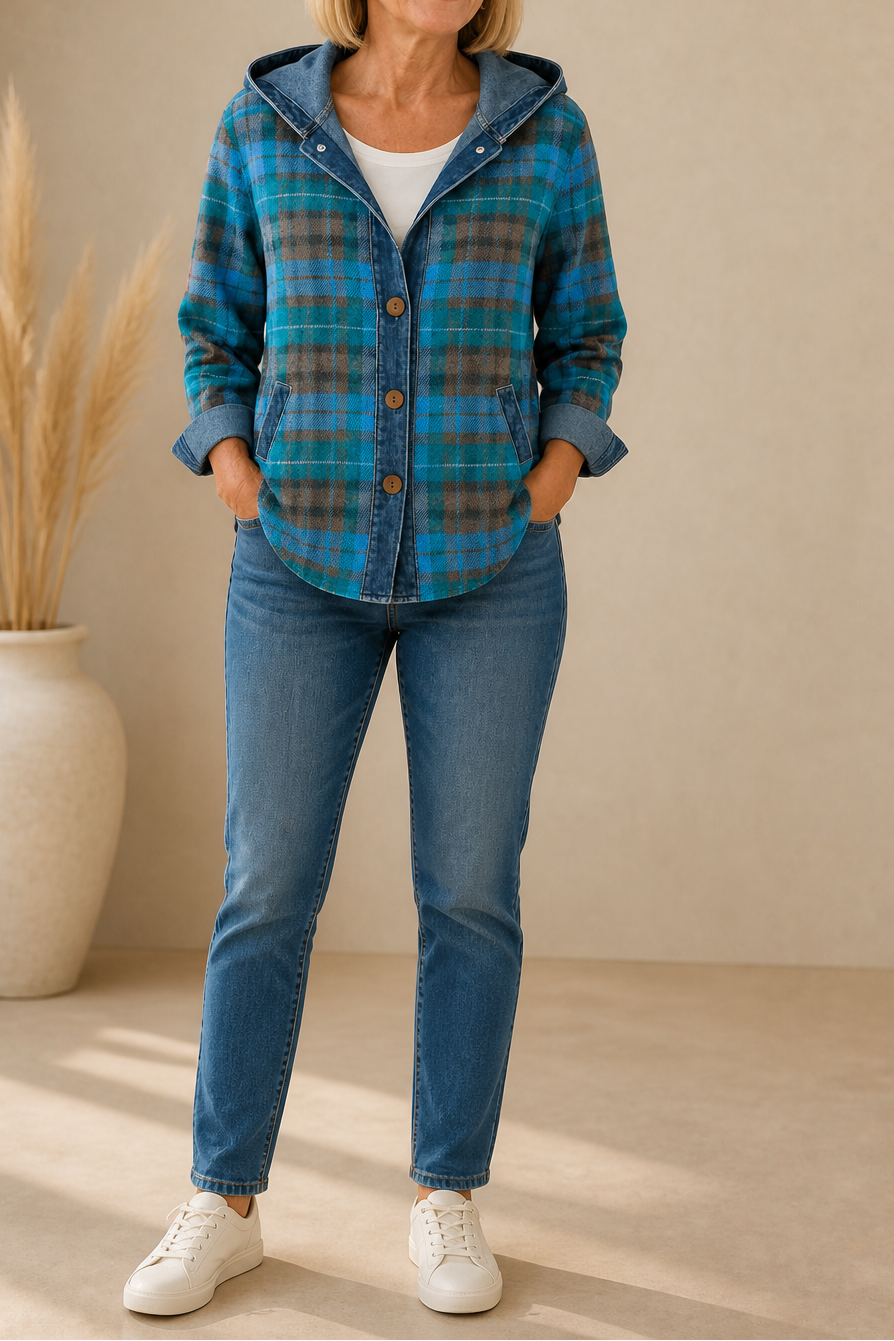 Women's checked plaid hooded cardigan with denim-look trim and button front