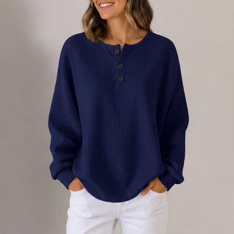 Women's waffle knit henley top with long sleeves and button placket