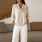 Women's cowl neck knit sweater with long sleeves and ribbed hem