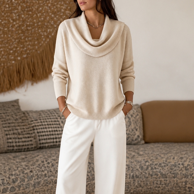 Women's cowl neck knit sweater with long sleeves and ribbed hem