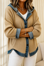Women's hooded patchwork cardigan with contrast panels and button front