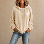 Women's relaxed velvet hoodie with drawstring hood and gathered cuffs