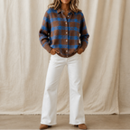 Women's plaid shirt-collar cardigan with long sleeves and button front