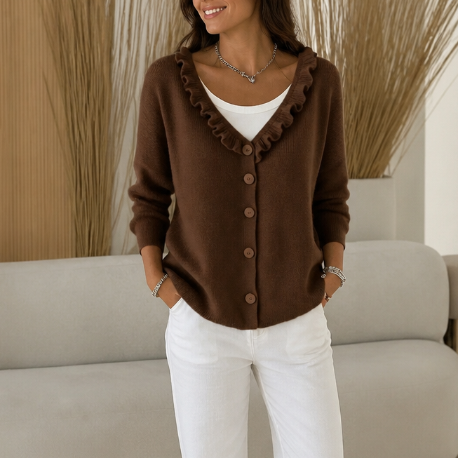 Women's ruffle-trimmed button cardigan with long sleeves