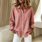 Women's checked button-down shirt with pointed collar, long sleeves and curved hem