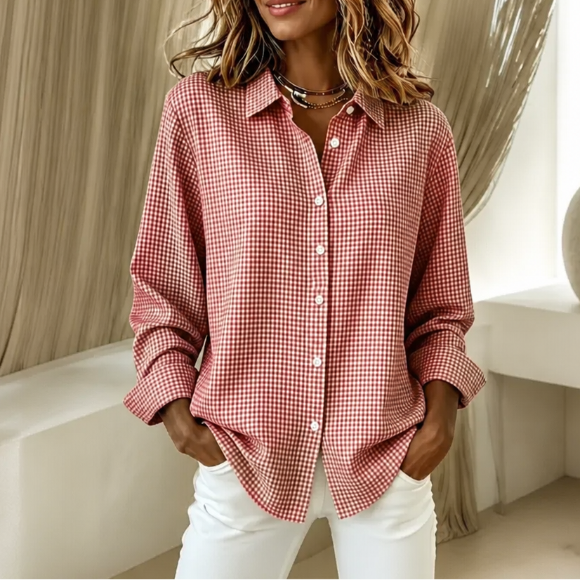 Women's checked button-down shirt with pointed collar, long sleeves and curved hem