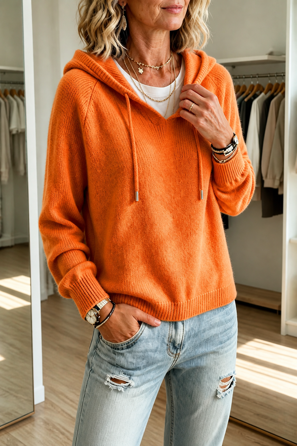 Women's hooded ribbed knit pullover with drawstrings and long sleeves