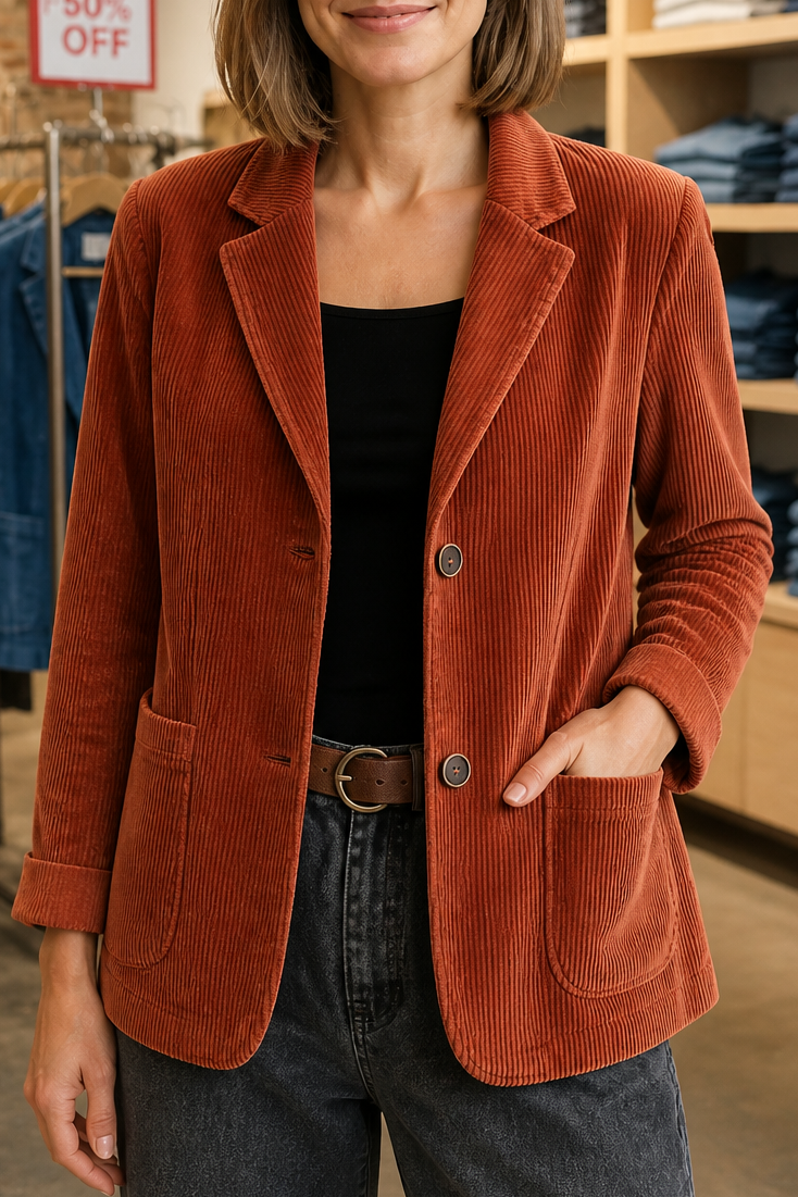 Women's structured ribbed texture blazer with notched collar, long sleeves and patch pockets