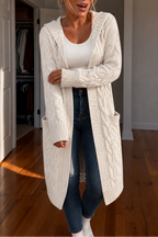 Women's longline hooded cable knit cardigan with long sleeves and front pockets