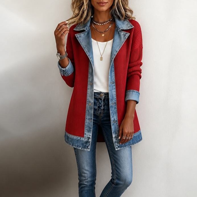 Women's ribbed knit coat with denim collar, cuffs and hem panels