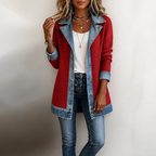Women's ribbed knit coat with denim collar, cuffs and hem panels