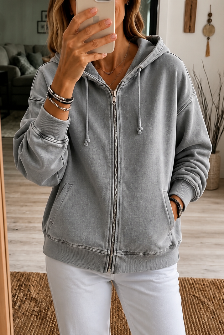 Women's relaxed washed zip-up hoodie with drawstring hood and front pockets