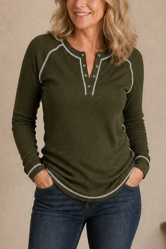 Women's long-sleeve waffle knit Henley top with contrast stitching and button placket