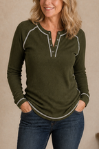 Women's long-sleeve waffle knit Henley top with contrast stitching and button placket