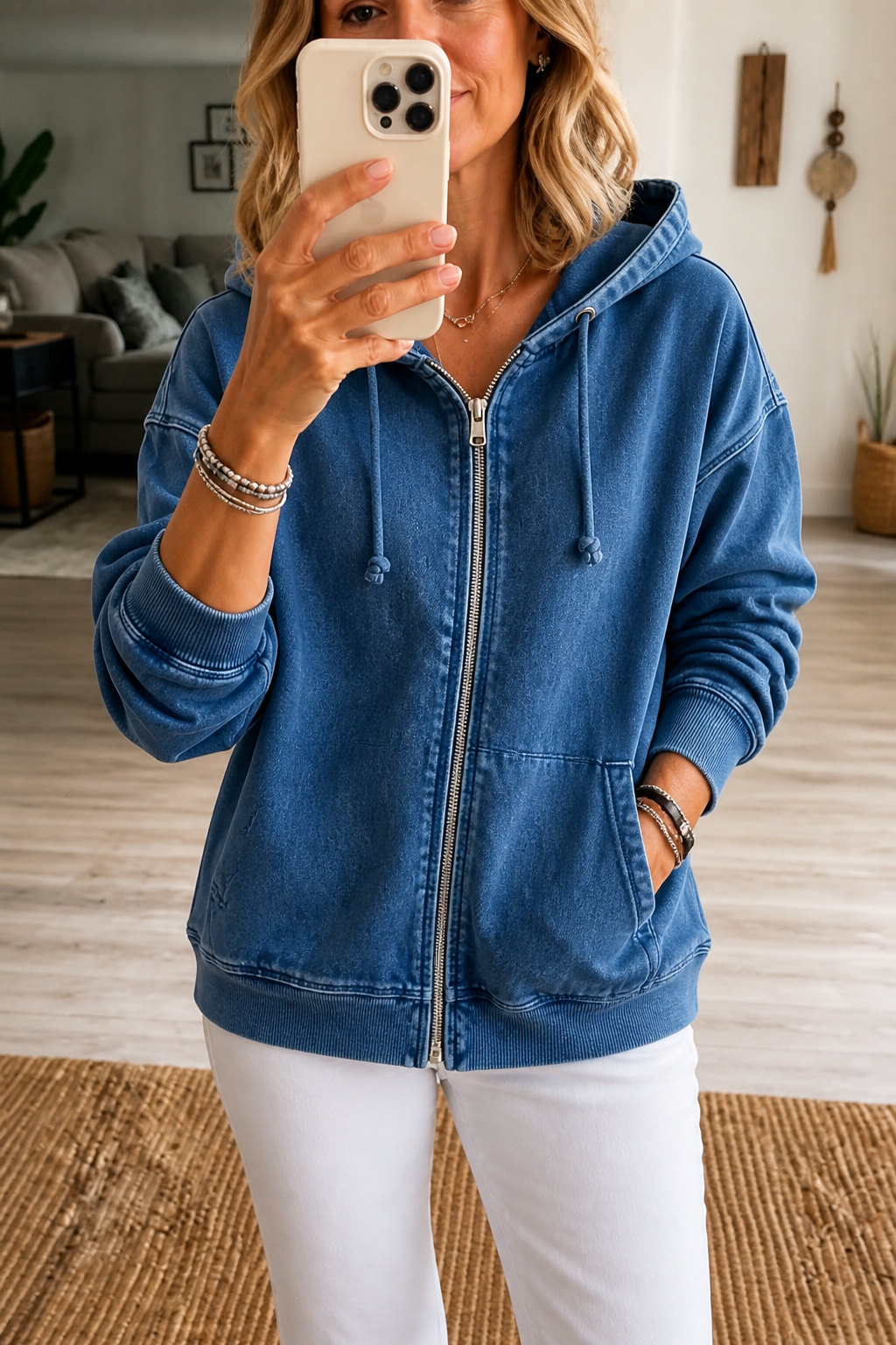 Women's relaxed washed zip-up hoodie with drawstring hood and front pockets