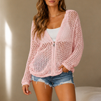 Women's open knit hooded cardigan with zip front and pockets