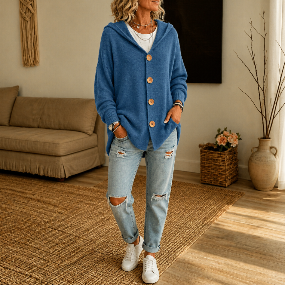 Women's hooded waffle-knit cardigan with button front and side pockets