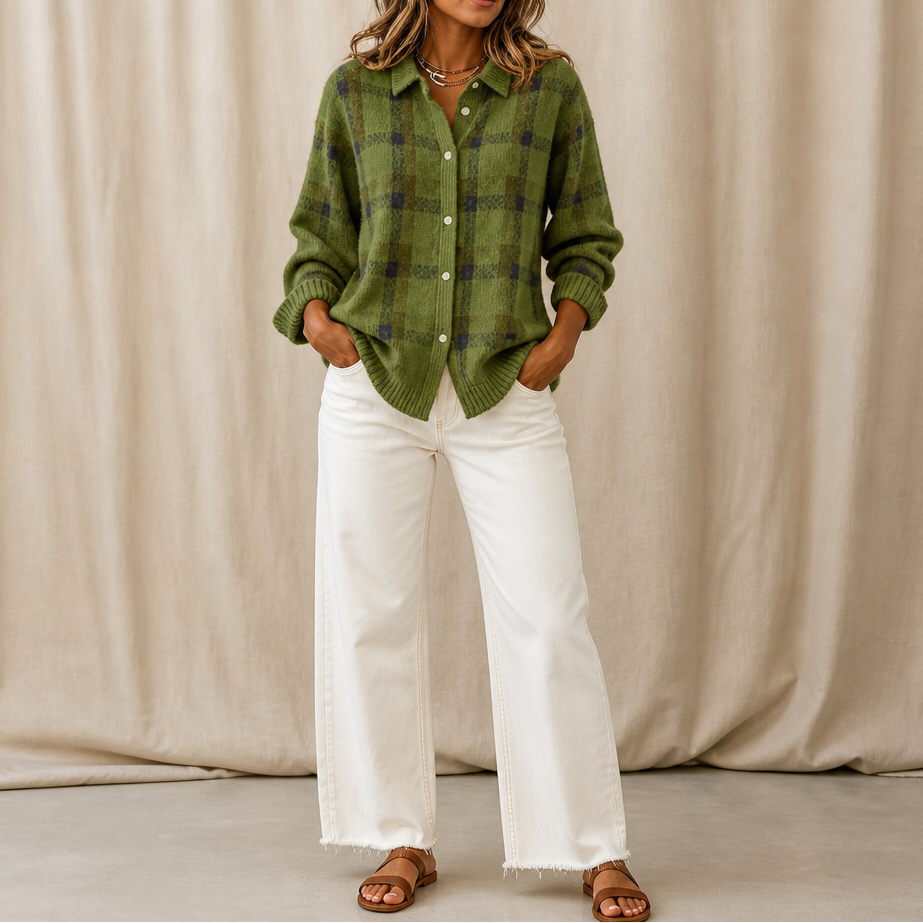 Women's plaid shirt-collar cardigan with long sleeves and button front