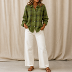 Women's plaid shirt-collar cardigan with long sleeves and button front