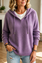 Women's hooded ribbed knit pullover with drawstrings and long sleeves